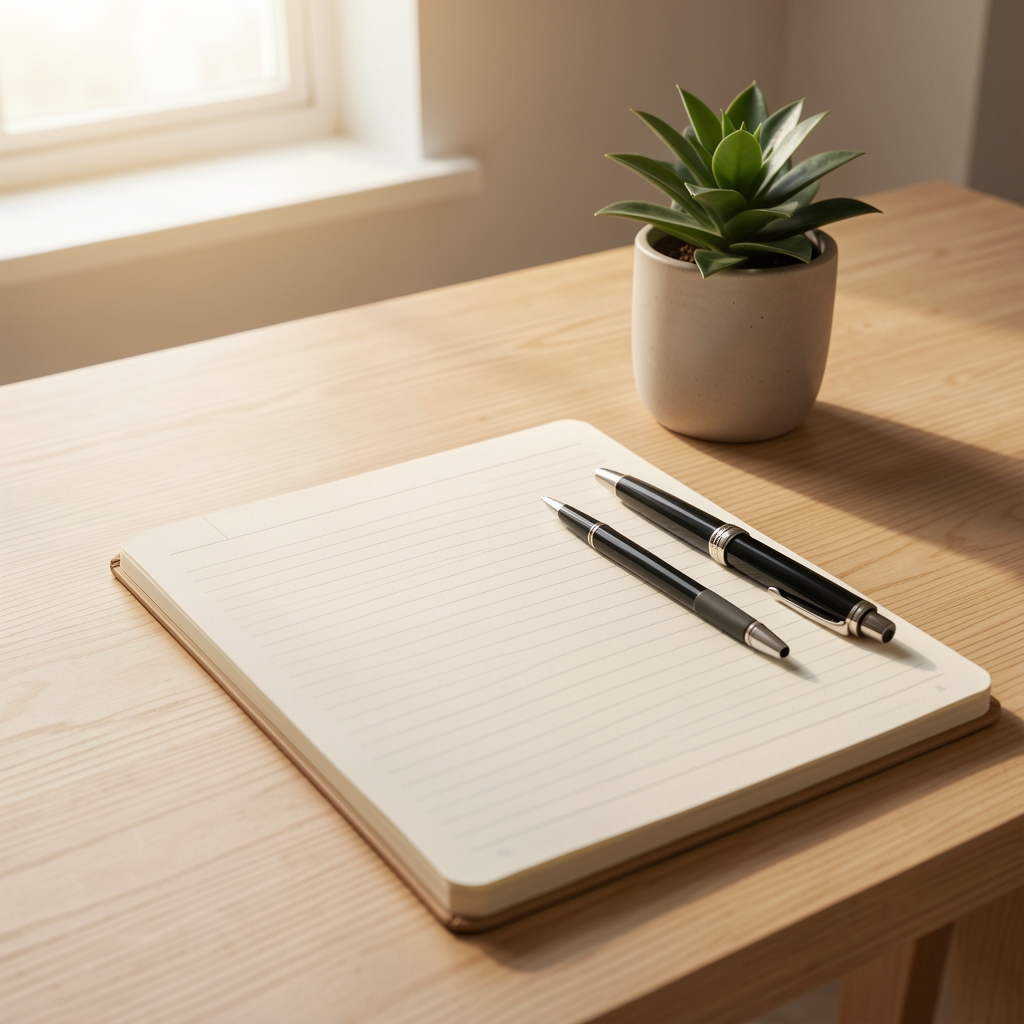 Tidy modern workspace with a notebook, a pen, and a small plant on a light wooden surface, warm ambient light suggesting calm and orderly correspondence