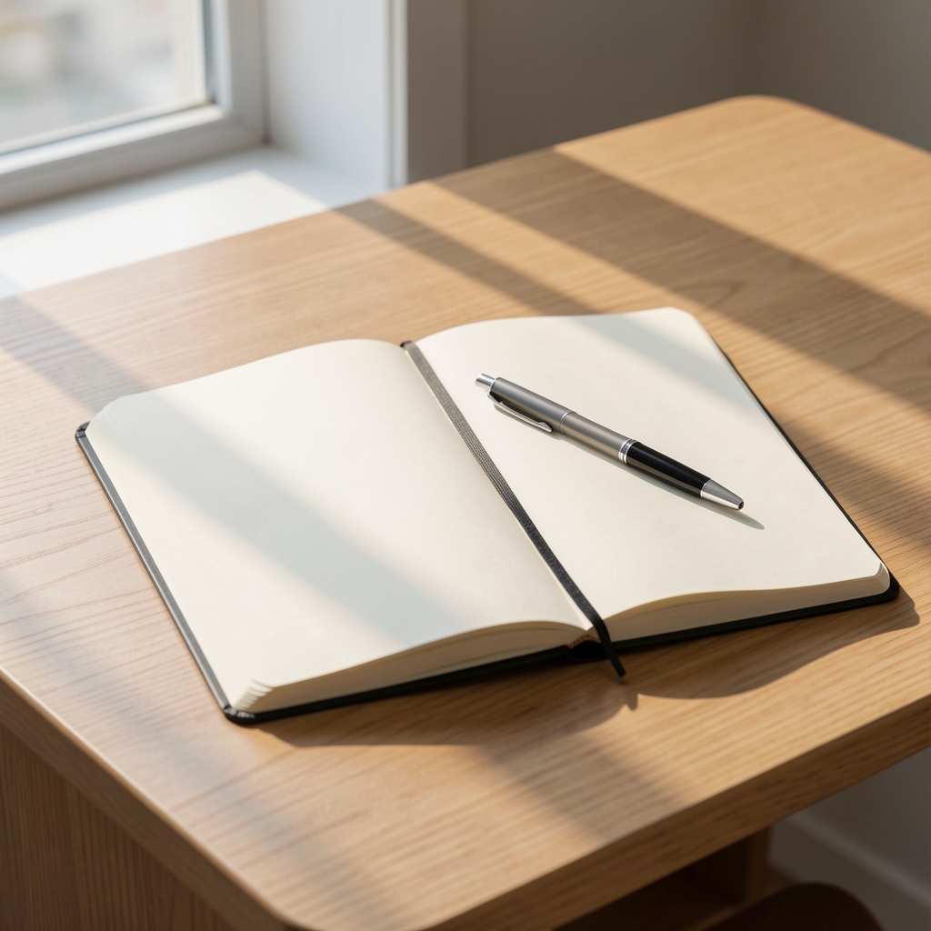 Clean wooden desk with an open notebook, a pen resting on its spine, and soft window light creating long shadows, representing thoughtful inquiry and note-taking