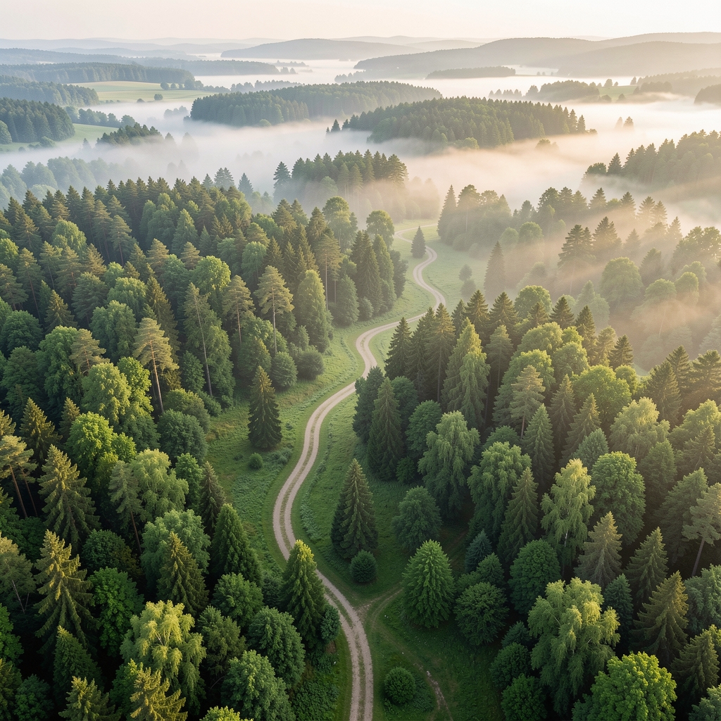 Aerial view of a lush green forest landscape with winding paths and soft morning mist, suggesting a broad and structured natural perspective